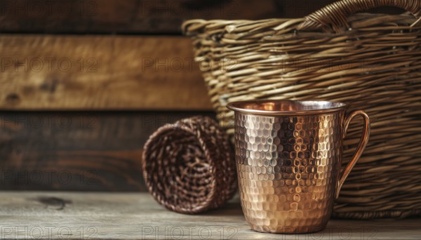 Antique Copper Cup And Basket Displayed In Empty Setting: A Vintage Display Of Elegance And Charm In A Simple Space, AI generated