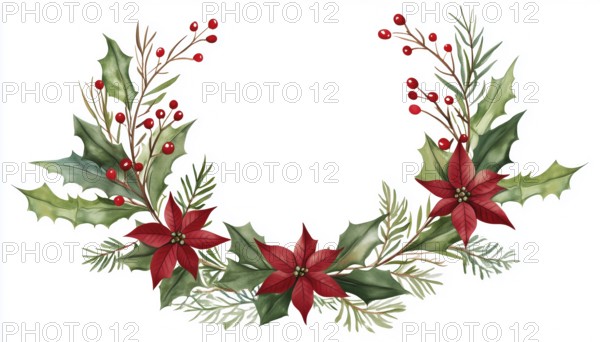 Festive Christmas Wreath Border Featuring Branches, Leaves, Flowers, And Red & Green Pointia. Ideal For Greeting Cards, Festive Signs, And Invitations, AI generated