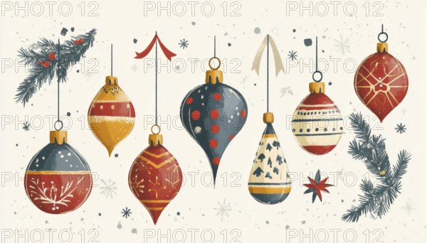 Vintage Christmas Ornaments For Festive Greeting Cards And Invitations - Perfect For A Nostalgic Holiday Touch. Add Some Retro Charm!, AI generated