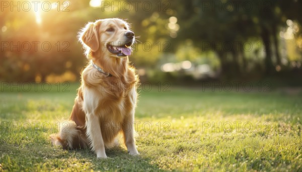 Gorgeous And Intelligent Golden Retriever Enjoying The Sun In A Garden Park Surrounded By Lush Greenery At Home. A Lovely Pet Setting, AI generated