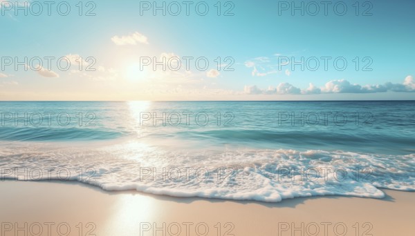 Perfect Tranquil Beach Scene: A Summer Vacation Holiday Destination With Inspirational Beach View Of Soft Sunlight, White Sand, And Blue Sea, AI generated