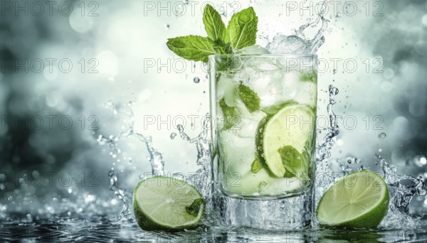 Hand-Drawn Mojito Cocktail With Water Splash: Perfect For Menus, Bars, Cafes, Restaurants, Posters, Stickers, Placards, And More! Ideal For Promotional Use, AI generated