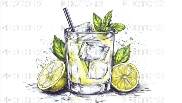 Hand-Drawn Gin And Tonic Cocktail Design For Cafe, Restaurant, Or Bar. Versatile Graphic For Menu, Poster, Emblem, Sticker, Placard, And More, AI generated