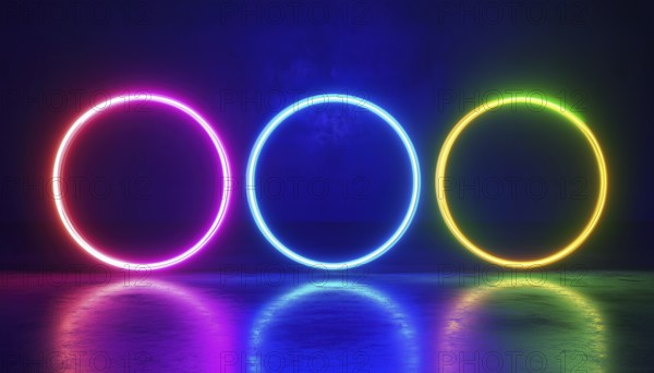 Vibrant Neon Circle Frames On Dark Backdrop: Modern And Eye-Catching Neon Light Circles In Green, Pink, And Blue Colors. Ideal Design Element, AI generated