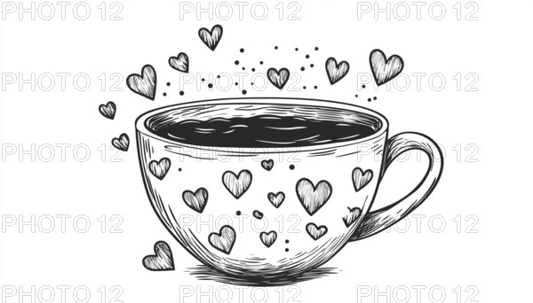 Adorable Cup Of Hot Chocolate With Hearts: Hand-Drawn Doodle Mug With Tasty Drink On White Background. Perfect For Cafe Menus And Coffee Shop Ads. Monochrome Design, AI generated