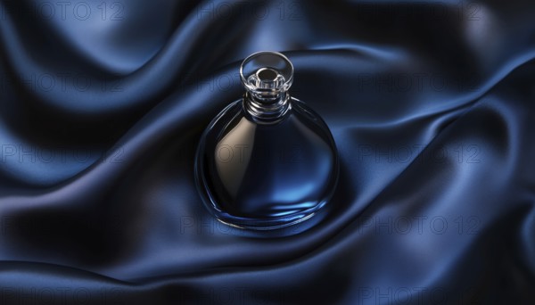 Realistic Perfume Bottle On Silk Fabric With Dark Blue Liquid, Mock Packaging For Scent Fragrance Beauty Product Promo Ad, AI generated