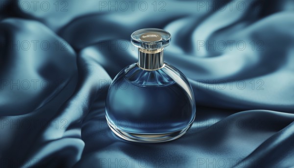 Mock Up Packaging Of Perfume Bottle On Silk Folded Fabric With Dark Blue Liquid. Realistic Scent Fragrance Cosmetic Beauty Product Promo Ad, AI generated