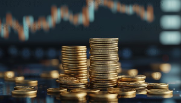 Achieving Financial Success With Piles Of Gold Coins: Visualizing Stock Market Growth For Financial Businesses And Trading, AI generated