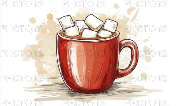 Cozy Winter Doodle: Hand-Drawn Mug Of Hot Chocolate With Marshmallows For Cafe Menu, Invitations, Advertising, And Cards. Seasonal Warm Beverage, AI generated