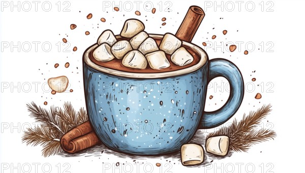 Handcrafted Mug Of Hot Chocolate Or Cocoa With Marshmallows: A Cozy Winter Doodle. Perfect Seasonal Warm Drink For Cafe Menus, Invitations, Advertising, And Cards, AI generated