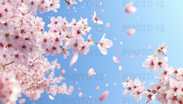 Realistic Sakura Vertical Template For Spring Sale Promotion With Discount On Blossoming Flowers Against Blue Sky Background, AI generated