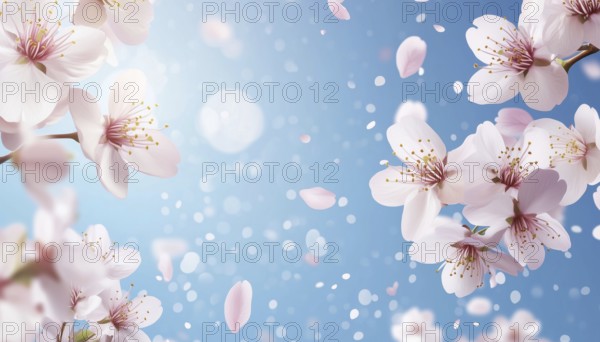Realistic Sakura Spring Sale Vertical Template With Discount Of Blossoming Flowers On Blue Sky Background. Perfect For Seasonal Promotions, AI generated