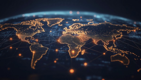 Digital Image Showing Network Connections Across World Map With A Black Background. Focus On European Economy, Finance, Politics, And Technology, AI generated
