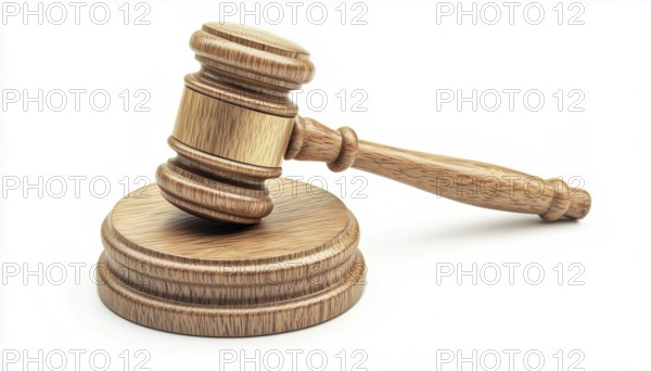 Wooden Auction Hammer On A White Background With Stand For Adjudication By A Judge In The Pursuit Of Law And Justice, AI generated