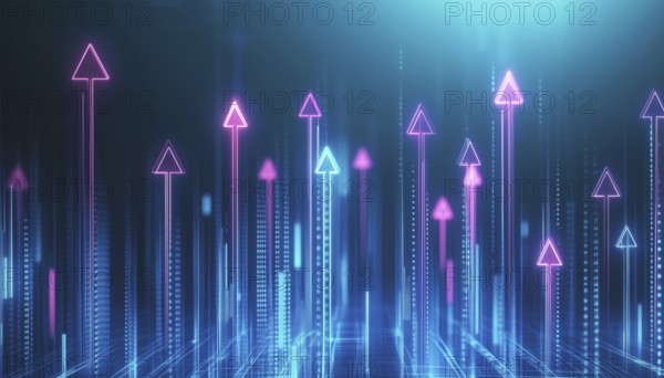 Futuristic Technology: Glowing Arrows For Enhancing Business Growth And Financial Development In Digital Cyber Wallpaper For Stock Market Sources, AI generated