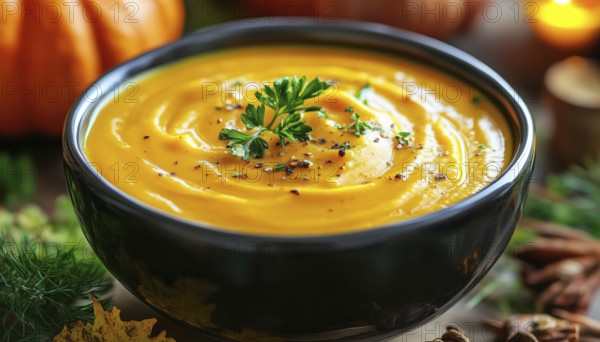 Hand Drawn Pumpkin Cream Soup: Organic Farm-To-Table Delicacy For Menus, Shops, Bars, Restaurants, Thanksgiving Day, Posters, Stickers, Logos, And Detox Diets, AI generated