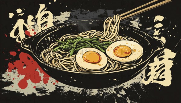 Traditional Japanese Dish Sticker: Hand-Drawn Soba With Stylized Lettering And Ink Drops. Featuring Noodles, Eggs, And Vegetables For Restaurant Menus And Posters, AI generated