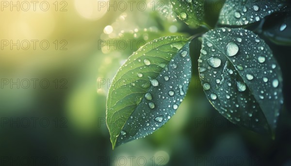 Serenity In The Outdoors: Calming Shades Of Blue And Green, Close-Up Of Morning Dew On Leaves Under Sunlight. Perfect For Nature-Themed Wallpaper. Tranquil Spring/Summer Close-Up, AI generated