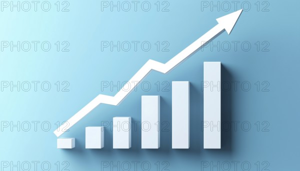 White Graph Bar With Long Shadow On Blue Background Depicting A Growing Bar Graph With Rising Arrow For Financial Forecasting, AI generated