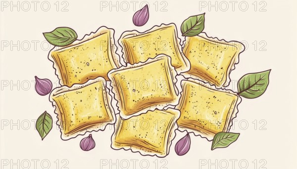 Hand-Drawn Doodle Of Ravioli Pasta Card For Italian Cuisine. Ideal For Menu, Cafe, Restaurant, Bar, Shop, Poster, Food Studio, Emblem, And Sticker Usage, AI generated