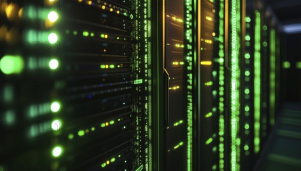 Glowing Green Ambient Light Illuminating Rows Of Servers In Data Center: Technology, Network, Infrastructure, Cybersecurity, Digital, Server Room, AI generated
