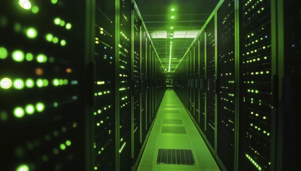 Glowing Green Ambient Light Illuminating Rows Of Servers In Data Center: Technology, Network, Infrastructure, Cybersecurity, Digital, Server Room Environment, AI generated
