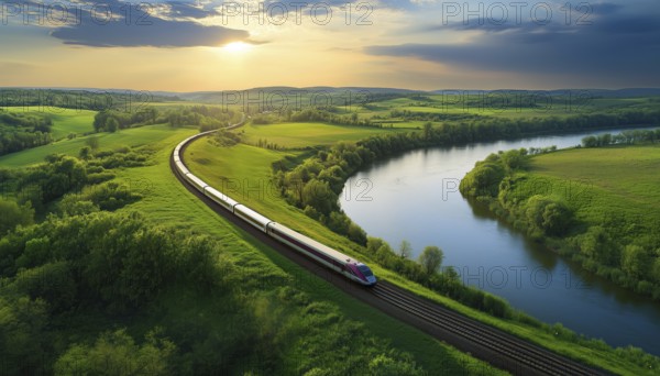 Scenic Train Journey Over A Sparkling River And Lush Green Landscape: A Stunning Travel Experience Along The Tracks, AI generated