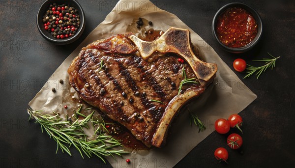 Juicy Aged Beef T-Bone Steak With Rosemary And Spices, Top View In Rustic Setting. Deliciously Cooked And Ready To Enjoy, AI generated