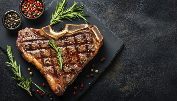 Savory Aged T-Bone Steak With Rosemary And Spices, Juicy And Delicious Steak, Top View In A Rustic Setting. Classic And Mouthwatering, AI generated