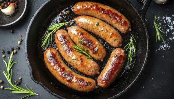 Top-Down View Of Cast Iron Pan With Grilled Pork Sausages On A Barbecue Or Grill. Juicy And Delicious Bbq Meal, AI generated
