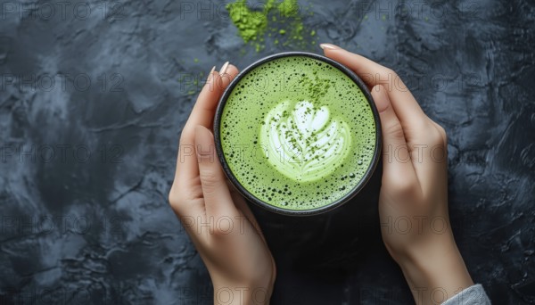 Top View Shot Of Woman Holding A Delicious Matcha Latte In A Dark Gray Background, Captured In A Close-Up Perspective, AI generated