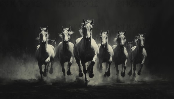 A Stunning Scene Of Gray Scale Horses Galloping Towards The Viewer In A Majestic Herd - A Breathtaking Sight!, AI generated