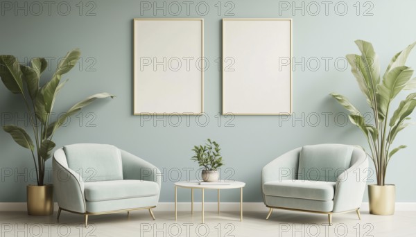 Pastel Interior Classic Mock-Up Poster Featuring Soft Armchairs, Plant, And Lamps - Rendered Design For Presentation, AI generated