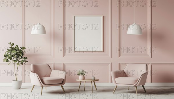 Pastel Interior Classic Mock Up Poster Featuring Soft Armchairs, Plant, And Lamps: High-Quality Rendering Of A Cozy Room Design, AI generated