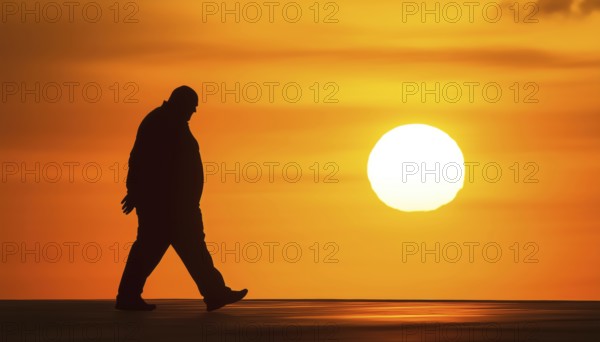 Obese Man'S Silhouette Strolling Under The Sun.Obese Man'S Silhouette Walking Under The Sun.Obese Man'S Silhouette Strolling In Sunlight, AI generated