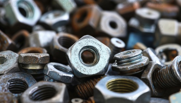 Fasteners And Hardware On A Simple Surface - Discover The World Of Nuts And Bolts On A Plain, With A Wide Array Of Designs And Sizes Available, AI generated
