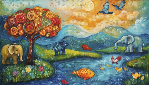 Semi-Abstract Fantasy Oil And Acrylic Painting Depicting A Tree, Fish, Elephant, And Bird In Landscape. Hand Painted Children'S Art. Nature-Themed, AI generated