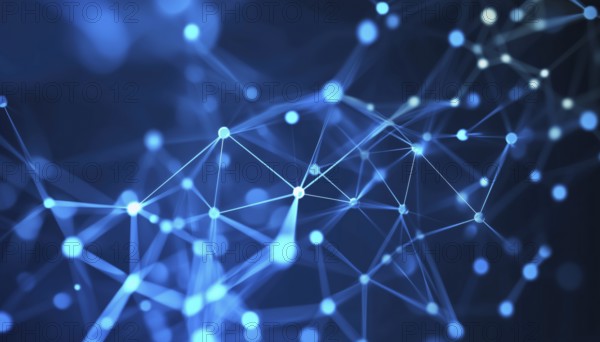Abstract Internet Network Connection For Website: Digital Data, Communication, Science, And Futuristic Molecule Network Connected With Dots, Technology On Blue, AI generated