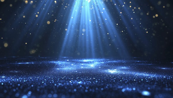Luxurious Poster Template With Elegant Dark Blue Light Rays And Sparkling Glitter On Black Background For Premium Awards Studio Scene, AI generated