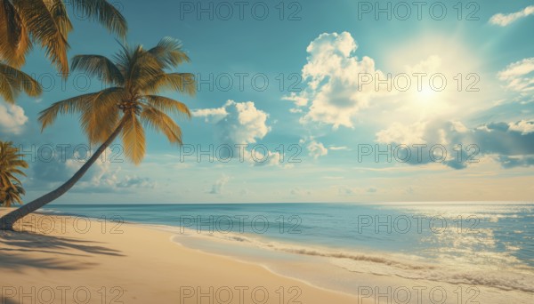 Sun-Kissed Tropical Paradise: Relaxing On The Island Beach With Coconut Palm Trees, Perfect For Your Holiday Getaway, AI generated