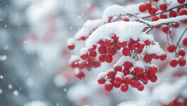 Beautiful Winter Scene With Snow-Covered Rowan Tree Branches In Panoramic Nature View: Wide Angle Web Template With Copy Space, AI generated