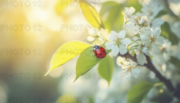 Beautiful Spring Scene With Ladybug On Bird Cherry Leaf, Soft Focus. White Bird Cherry Blossoms In Sunny Day. Nature'S Beauty In Spring Wallpaper, AI generated