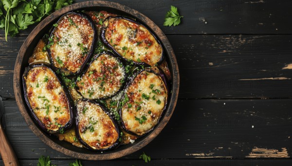 Delicious Baked Eggplant With Parmesan Cheese On A Stylish Black Wooden Surface. Plenty Of Room For Customization. Top-Down Perspective, AI generated