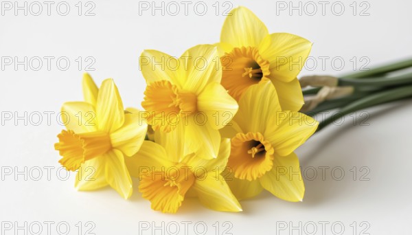 Close-Up Of Stunning Bouquet Of Five Yellow Daffodils On White Background With Clipping Path. Narcissus Flowers In Detail, AI generated