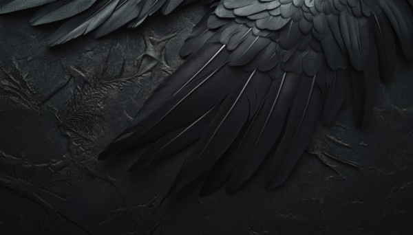 Spooky Halloween Decor: Black Raven Feathers On A Dark Grunge Background. Creepy Gothic Abstract Image With Copy Space And Close-Up Of Bird Wing Texture, AI generated