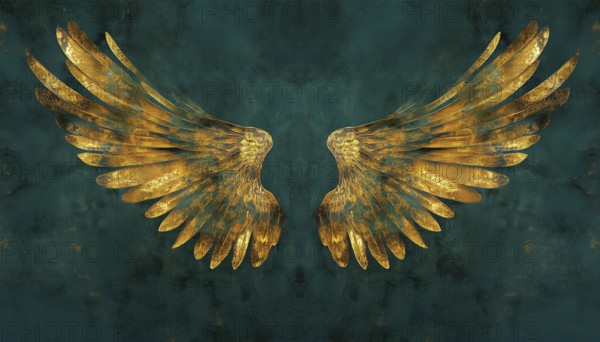 Luxurious Gold Bird Wings With Abstract Symmetry On Dark Teal Blue Green Background: A Stunning Combination Of Elegance And Beauty, AI generated