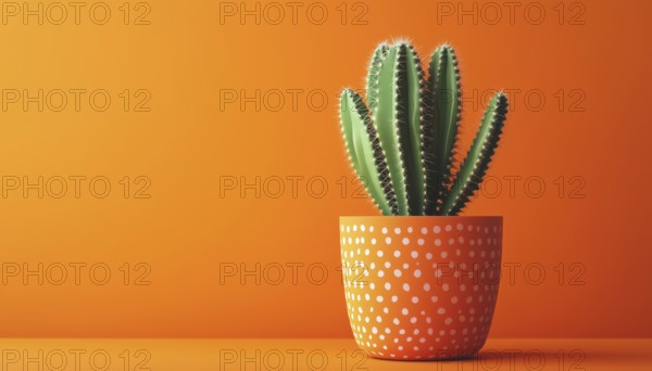 Trendy Summer Green Cactus In Decor Pot On Bright Orange Pastel Background: Contemporary Pop Art Still Life With Funky Houseplant Vibe, AI generated