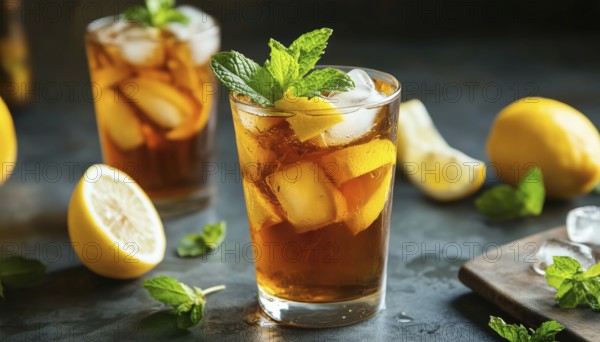 Cooling Lemon Mint Ice Tea: An Invigorating Beverage Perfect For Summer Refreshment, Made With A Blend Of Zesty Lemon And Fresh Mint Leaves, AI generated