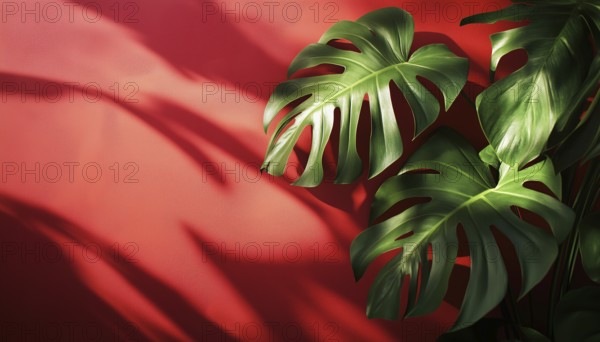 Premium Mockup Featuring Monstera Shadow And Sunlight On Red Wall For Presentation, Branding Products, Cosmetics, Food, Technology, Or Jewelry, AI generated