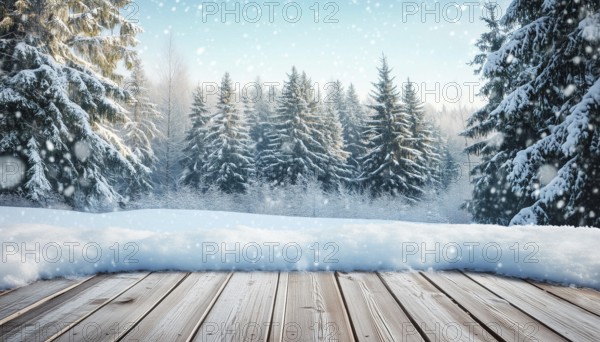 Winter Christmas Scene With Ample Copy Space: Snow-Covered Wooden Flooring In Forest Amidst Fir Trees Blanketed In Snow. Ideal For Nature Lovers, AI generated